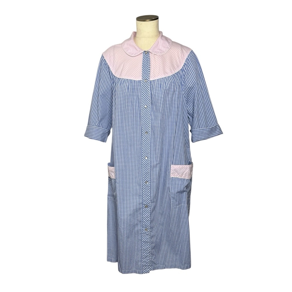 Vintage Models Coat Gingham Pearl Snap Robe Dress House Coat Size 1X Pink Blue